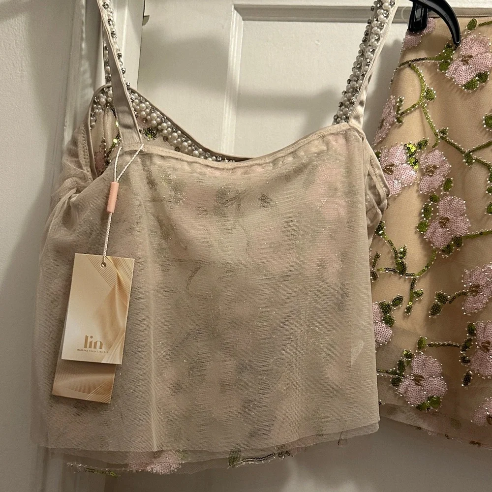 Elegant Floral Embroidered Skirt Set in Cream, Green and Pink